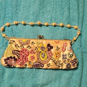 Vintage Beaded Floral Clutch Purse Glass Bead Strap Kiss Lock Evening Bag Boho